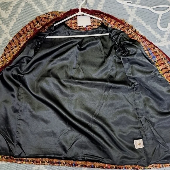 ANTHROPOLOGIE Ett:twa Harlequin Oversized Tweed Brown Burgundy Blazer Jacket - Picture 15 of 15